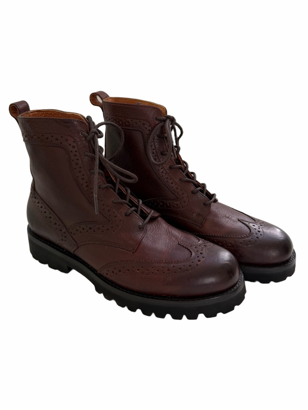Frye Earl Wingtip Lace Up Leather Boots Mens Size US 7.5D Brown Lug Soles 84138